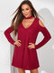 Solid Choker Neck Hollow Long Sleeve Casual Dress - Wine Red