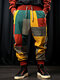 Pantalon ample décontracté pour hommes, mélange de blocs de couleurs, patchwork, manchette élastique - Coloré