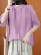 Contrast Half Sleeve Stand Collar Loose Blouse For Women - Pink