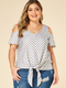 Striped Print Knotted Off Shoulder Plus Size Blouse - Grey