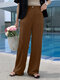 Women Solid Color Casual Straight Pants With Pocket - Brown