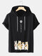 Mens Japanese Cute Cat Print Short Sleeve Drawstring Hooded T-Shirts - Black
