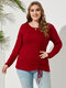 Plus Size Round Collo T-shirt maniche lunghe con coulisse - Vino rosso