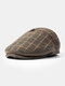 Men Cotton PU Patchwork Thickened Lattice Pattern Built-in Ear Protection Warmth Vintage Forward Hat Beret Flat Cap - Brown