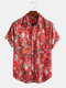Mens 100% Cotton Floral Printed Breathable Casual Short Sleeve Shirt - Orange