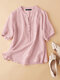 Solid Button Stand Collar Half Sleeve Casual Blouse - Pink