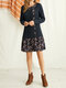 Ethnic Print Patchwork Knitted O-neck Long Sleeve Button Midi Dress - Navy