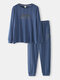 Blue Letter Print Soft Cotton Herringbone Striped Pajamas Sets Sleepwear With Waist Pockets - Blue