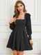 Solid Mesh Stitch Square Collar Long Sleeve Pleated Dress - Black