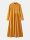 Causal Solid Color Stand Color Long Sleeve Pleated Dress for Women - Yellow