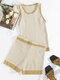 Color Contrast Rib-knit Tank Top & Shorts Holiday Beaches Suit - Apricot