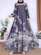 Women Floral Print Muslim Long Sleeve Maxi Dress - Blue