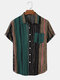 Mens Vintage Stripe Pattern Chest Pocket Short Sleeve Shirts - Green
