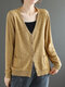 Solid Pocket Button V-neck Long Sleeve Knitted Cardigan - Yellow