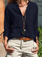 Solid Button Pocket Drawstring Long Sleeve Blouse For Women - Navy
