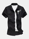 Mens Birds Embroidered National Style Short Sleeve Desginer Shirts - Black