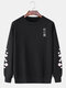 Mens Japanese Character Floral Print Crew Neck Cotton Pullover Sweatshirts - Black