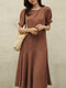 Cotton Solid Ruffle Short Sleeve Round Neck Casual Midi Dress - Brown
