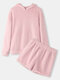 Women Plush Drop Shoulder Hoodie Solid Warm Pajamas Sets With Shorts - Pink