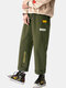 Mens Letter Embroidered Contrast Patched Casual Drawstring Straight Pants - Army Green