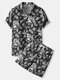 Mens Monochrome Maple Leaf Print Button Up Holiday Two Pieces Outfits - Black