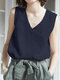Cotton Solid V-neck Casual Sleeveless Tank Top - Navy