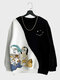Mens Smile Cartoon Cat Print Patchwork Crew Neck Pullover Sweatshirts Winter - White