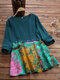 Casual Vintage Patchwork Floral Print O-neck Long Sleeve Blouse - Dark Green