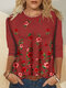 Flower Print Long Sleeve O-neck Casual T-shirt for Women - Wine Red