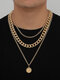 Trendy Simple Carved Nautical Hour Hand Round Pendant Multi-layer Cuban Chain Aluminum Necklace - Gold