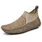 Men Genuine Pig-skin Leather Comfort Elastic Textile Slip On Casual Shoes - Khaki