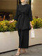 Solid Color Waistband Knotted Long Sleeve Casual Muslim Set for Women - Black