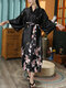 Women Crane Pattern Faux Silk Knotted Smooth Luxury Home Robes - Black