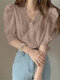 Puff Sleeve Lace Trim V-neck Solid Button Front Blouse - Khaki