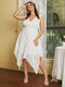 Plus Size Solid V-neck Shirring Wrap Design Sleeveless Party Dress - White