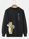 Mens Cute Cat Japanese Print Daily Pullover Sweatshirts - Black