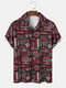 Mens Tribal Geometry Print Camp Collar Black Short Sleeve Shirt - Red