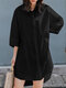 Женская повседневная однотонная пуговица с лацканами спереди Рубашка Платье - Черный