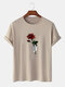Mens Rose Hand Print Crew Neck Cotton Short Sleeve T-Shirts - Khaki
