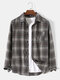 Mens Plaid Lapel Button Up Casual Long Sleeve Shirts With Pocket - Brown