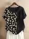 Daisy Floral Print Patchwork Short Sleeve T-shirt For Women - Black