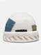 Unisex Knitted Color Contrast Suture Cloth Patch Vintage Warmth Brimless Beanie Hat - White