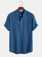 Mens 100% Cotton Solid Color Bubble Texture Casual Home Stand Collar Henley Shirt - Blue