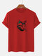 Camisetas masculinas de manga curta com gola redonda e desenho animado Cat Head de inverno - Vermelho