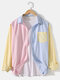 Mens Color Block Patchwork Oxford Casual Long Sleeve Shirts With Pocket - Pink