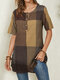 Plaid Print Button O-neck Short Sleeve Casual Blouse for Women - Brown