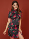 Oriental Flower Print Frog Button Mandarin Gown Slit Mini Dress - Black