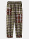 Mens Plaid Patchwork Designer 100% Cotton Button Cuff Daily Pants - Green