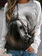 سويت شيرت كاجوال بأكمام طويلة وياقة دائرية وطبعة حصان للنساء - اللون الرمادي