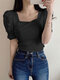 Solid Puff Sleeve Square Collar Blouse For Women - Black